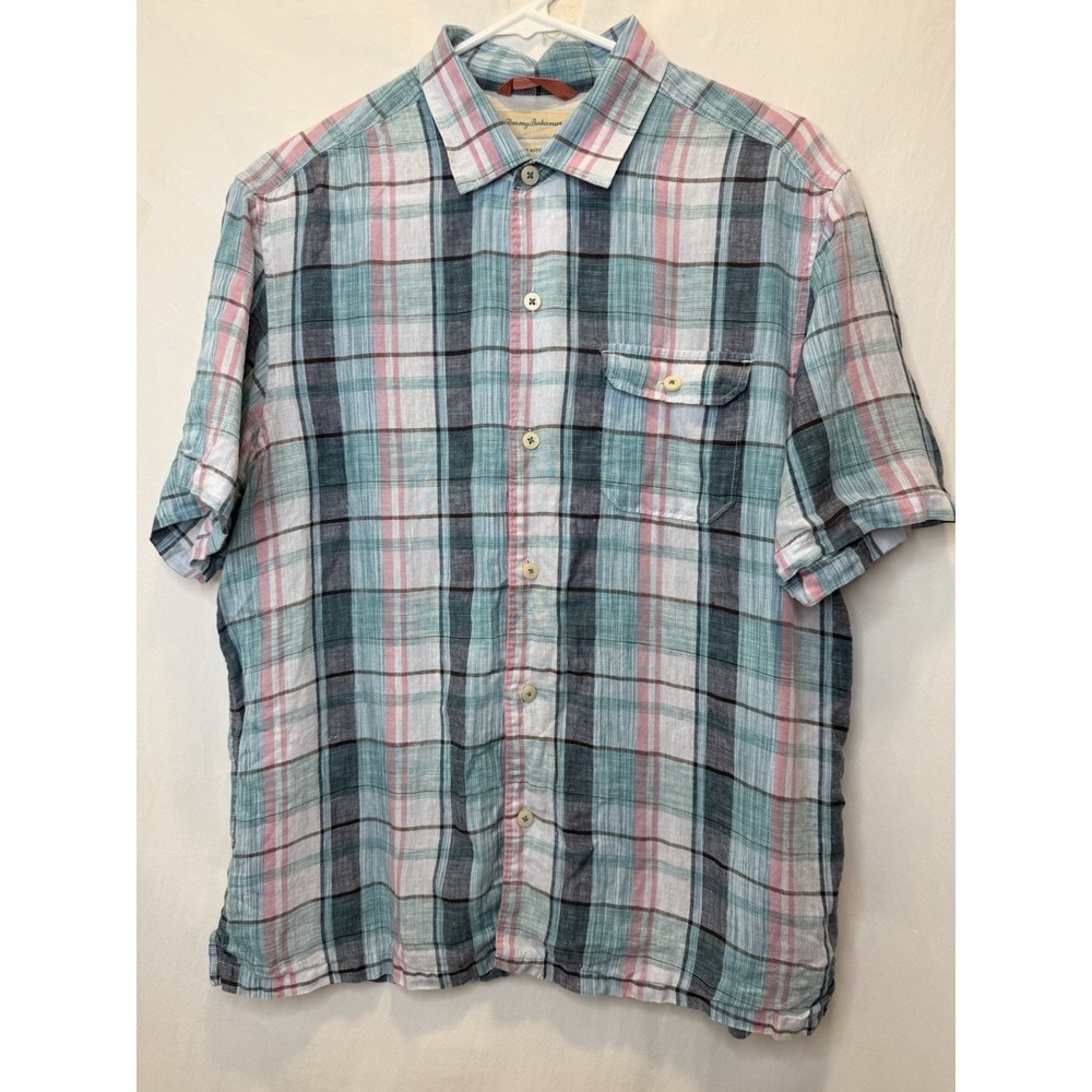 Tommy Bahama L 100% Linen Shortsleeve Hawaiian Shirt Blue‎ Pink Black Plaid